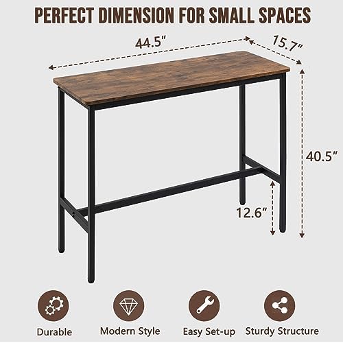 44.5" Bar Table, Pub Table with Adjustable Feet Floor Protector, Narrow Rectangular Kitchen Counter Bar Tables, Sofa High Top Tables with Black Metal Legs, Rustic Brown