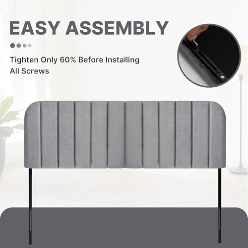 Queen Headboard Only - Upholstered Headboard for Bed, Easy Assembly, Velvet Covered Sponge, Place Between Bed & Wall, Adjustable Metal Legs with Non-Slip Pads, Grey