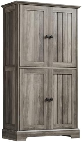 ChooChoo Bathroom Floor Cabinet with Adjustable Shelves | Bathroom Storage Cabinet, 4 Doors, Freestanding Cupboard for Living Room, Kitchen Pantry, Retro Grey