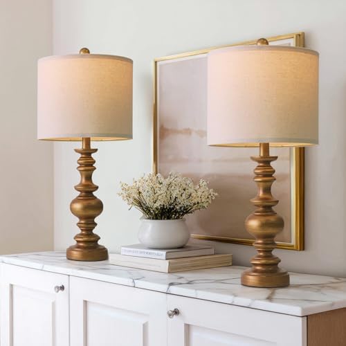 BOBOMOMO 24" Traditional Lamps Set of 2 – Antique Gold Bedside Lamps with Linen Shades, Elegant Medium Farmhouse Lamps for Living Room, Bedroom, and Hallway, Ideal for Warm, Cozy Spaces