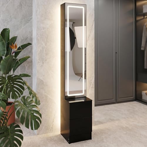 LED Full Length Mirror Jewelry Cabinet with Storage, 3 Color Adjustable Lighting Dressing Mirror Armoire, Large Standing Vanity Mirror Organizer Cabinet for Makeup & Jewelry Storage (black)