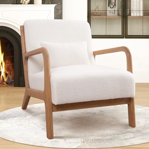 ANJ Mid Century Modern Accent Chair Set of 2, Single Boucle Lounge Reading Armchair with Solid Wood Frame, Easy Assembly Arm Chairs for Living Room, White