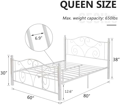 VECELO Queen Size Bed Frame with Headboard and Footboard, Heavy Duty Metal Slat Support, Platform Mattress Foundation, No Box Spring Needed, Easy Assembly, White