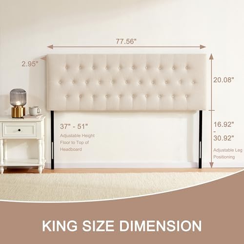 Tufted Upholstered Headboard King Size, Adjustable Height 37- 51 in, Beige
