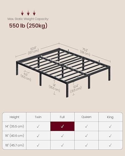 VASAGLE Full Metal Bed Frame, 14 Inches Tall, 1100 lb Weight Capacity