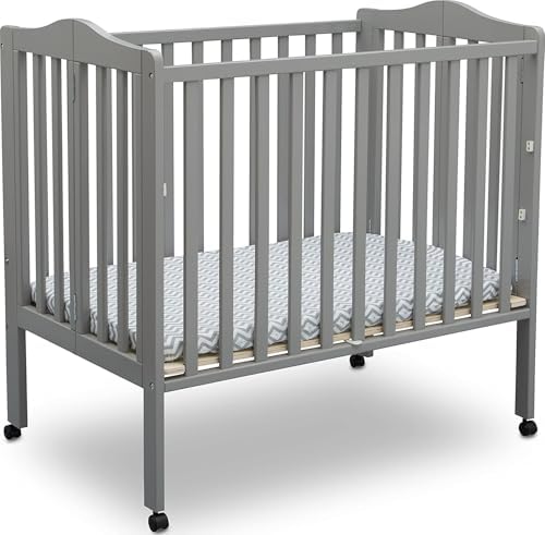 Delta Children Folding Portable Mini Baby Crib with 1.5-inch Mattress - Greenguard Gold Certified, Grey