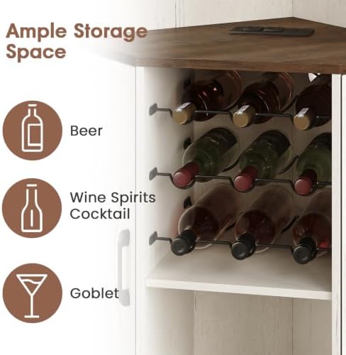Vabches Farmhouse Corner Bar Cabinet with LED Lights Wine Bar Cabinet White
