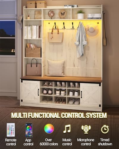 Hzuaneri 59.8" Hall Tree, LED Farmhouse Entryway Storage and Coat Rack Wood, Entryway Furniture with 7 Hooks, Hall Tree with Bench and Storage, 6 Storages Partitions Shoe Bench, Rustic White HT24814B