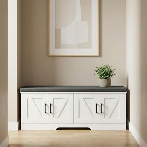 HOMSHO Farmhouse Shoe Storage Bench with 4 Barn Doors & Padded Seat Cushion
