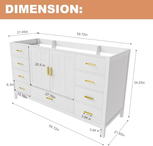 Montary 60" Modern Bathroom Vanity Base Cabinet, Solid Wood Construction | Soft-Close Double Doors & 9 Full-Extension Drawers(Basin & Top Not Included),White