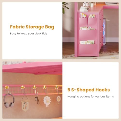 ADORNEVE Loft Bed Full Size with U-Shaped Desk, 6 Storage Drawers, Pink
