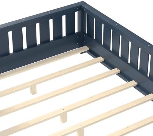 Bellemave Full Size Floor Bed with Slats and Guardrails, Full Size Montessori Floor Bed with Bookcase and Fence, Low Profile Montessori Beds for Kids, Blue Floor Beds Frame