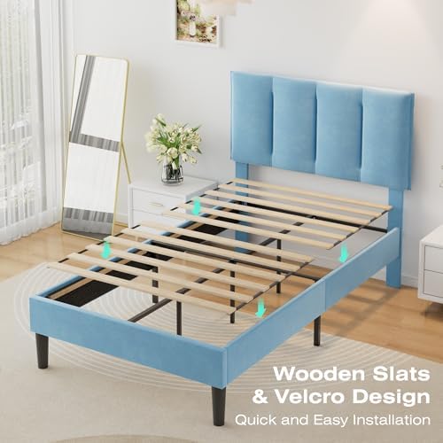 VECELO Twin Size Bed Frame with Upholstered Headboard, Light Blue
