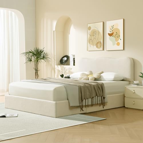 VELOCAVA Full Size Lift-Up Storage Bed, Modern Upholstered Boucle Bed with Curved Headboard, Gas Lift Platform, Sturdy Wooden Slat Support, No Box Spring Needed, Easy Assembly, Cream White