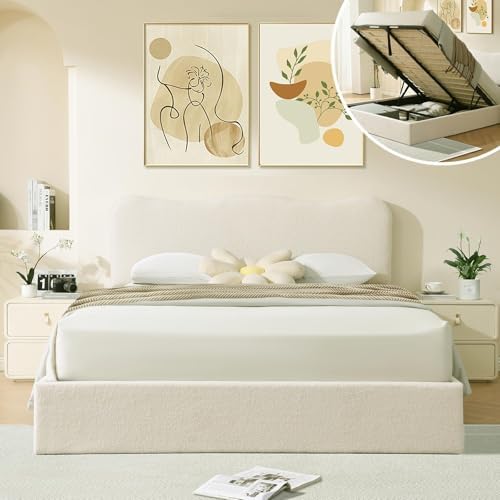 VELOCAVA King Size Boucle Upholstered Platform Bed with Lift-Up Storage, Soft Bed with Curved Headboard, Rounded Corners, Sturdy Wooden Slat Support, No Box Spring Needed, Easy Assembly, Cream White