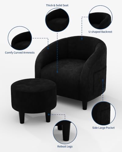GarveeHome Accent Chair with Ottoman, Velvet Side Chairs for Living Room, Modern Armchair for Bedroom, Round Club Chair for Small Space, Black