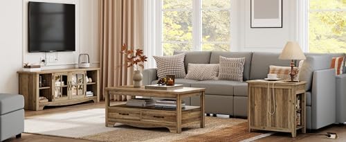 LINSY HOME Living Room Table Sets 4 Piece with TV Stand, Farmhouse TV Stand for 65 Inch TV, Coffee Table with Drawers, Two End Table with Charging Station, Brown