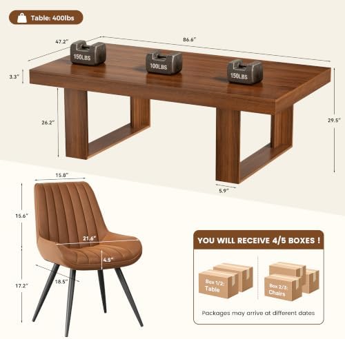 Miereirl 11-Piece Modern Farmhouse Dining Table Set, 86.6" x 47.2" Sturdy Stable Dining Table with 10 Chairs, Rectangular Kitchen Table Set for 10,(Walnut Table+10 Brown Chairs)