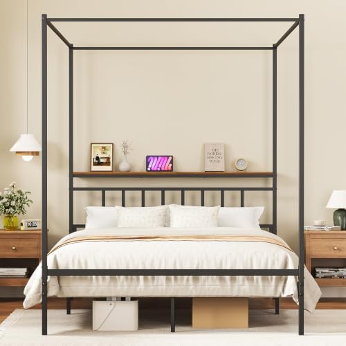 Queen Canopy Bed Frame with Storage Headboard Minimalist 4 Posters Bed
