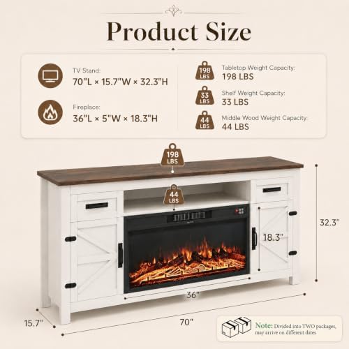 Fireplace TV Stand with Barn Door, 70 inch, White