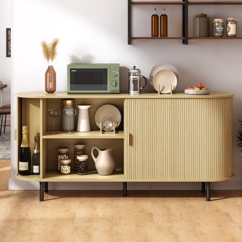 ONBRILL 63" Sideboard Buffet Cabinet, Sliding Door/Adjustable Shelf, Oak