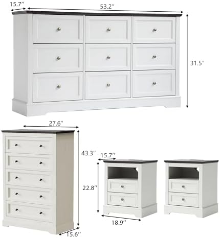 KIGOTY Farmhouse Bedroom Set, 4 Pcs Dresser and Nightstand Sets, 9/5 Drawer Dresser & 2 Drawer Nightstand Set with Charging Station,Rustic Wood Bedroom Furniture Set for Home