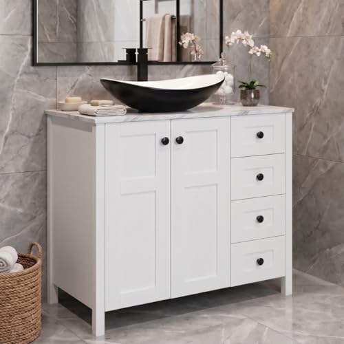 32 Inches White Bathroom Vanity with Marble Texture Top and 4 Drawers, Modern Standing Pedestal Cabinet with Black and White Boat Ceramic Sink