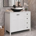 32 Inches White Bathroom Vanity with Marble Texture Top and 4 Drawers, Modern Standing Pedestal Cabinet with Black and White Boat Ceramic Sink