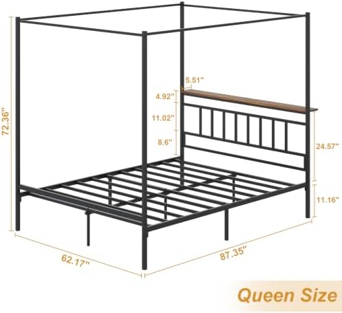 Queen Canopy Bed Frame with Storage Headboard Minimalist 4 Posters Bed