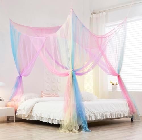 Mengersi Rainbow Canopy Bed Curtaina Mosquito Net for Bed Canopy, Four Corner Post Curtains Elegant Bed Netting, Screen Netting Canopy Curtains for Full to King Size Bed