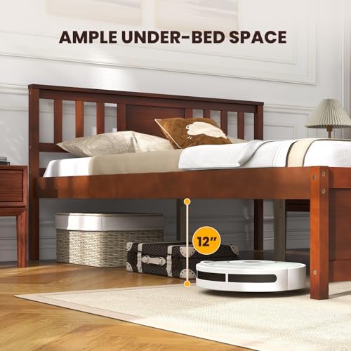 GIANTEX Full Size Solid Wood Platform Bed Frame, Mid Century Full Bed Frame with Headboard, Wood Slat Support, Double Panel Bed, No Box Spring Needed, Easy Assembly, Walnut