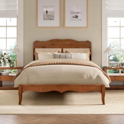 PHI VILLA Solid Wood Full Size Bed Frame with Adjustable Headboard