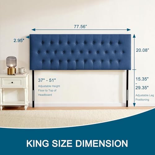 Tufted Upholstered Headboard King Size, Adjustable Height 37- 51 in, Blue