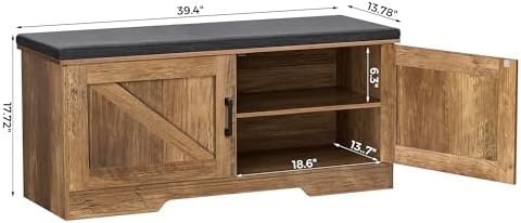 HOMSHO Farmhouse Shoe Storage Bench with 2 Barn Doors & Padded Seat Cushion