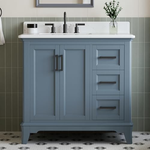 36" Bathroom Vanity with Sink, Fully Assembled, Steel Blue | Freestanding Solid Wood Bathroom Vanities with Quartz Countertop & Backsplash, Soft Close Doors & Dovetail Drawer