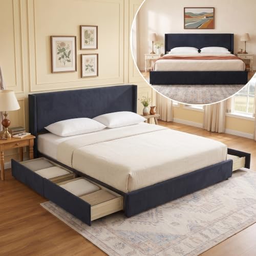 King Bed Frame with Storage Drawers, Corduroy Bed with Headboard, Black