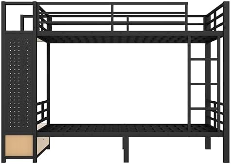 Bellemave Full Over Full Size Metal Bunk Bed with Storage Shelves and Drawers, Heavy Duty Bunk Beds with Clothes Hooks for Adults, Teens, Kids, Black