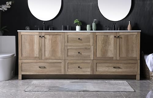 84" Pre-Assembled Bathroom Vanity with Sink, Engineered Wood, Ivory White Engineered Marble Countertop Attached, Double Rectangle Porcelain Sink, 5 Soft-Close Drawers, Natural Oak