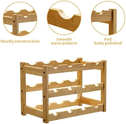 VASMIA Bamboo Wine Rack, Sturdy and Durable Wine Storage Cabinet Shelf, Wine Racks Countertop for Pantry,Kitchen,3-Tier 12 Bottles Wine Rack Natural