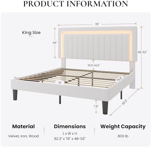SHA CERLIN King Size Velvet Bed Frame with LED Light, Adjustable Vertical Channel Tufted Headboard, Strong Wooden Slats Support, Noise-Free, No Box Spring Needed, White