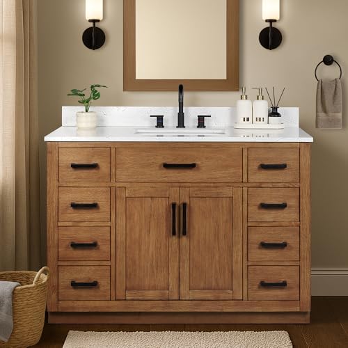 48-inch Dark Walnut Bathroom Vanity with Sink, Solid Wood, 0.79-inch Stone Countertop and Backsplash, 9 Drawers, 2 Soft Closing Doors