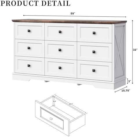 Farmhouse 9 Drawers Dresser Chests for Bedroom, White 9 Drawers TV Stand