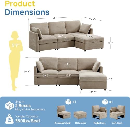 Iroomy Sectional Cloud Couch for Living Room, Spring Cushion Seating, L Shaped Convertible Modular Sofa with Ottoman, Khaki