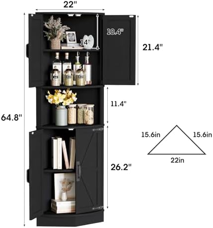 Vabches 64.8" Tall Farmhouse Corner Cabinet with 4 Doors and 5 Storage Shelves, Farmhouse Storage Cabinet with Barn Door Design, Home Space Saver for Living Room, Kitchen, Laundry Room,Black