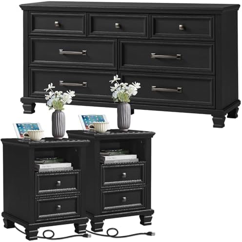 SAVOR LIFE Farmhouse Dresser and Nightstand Sets 3 Piece, Black