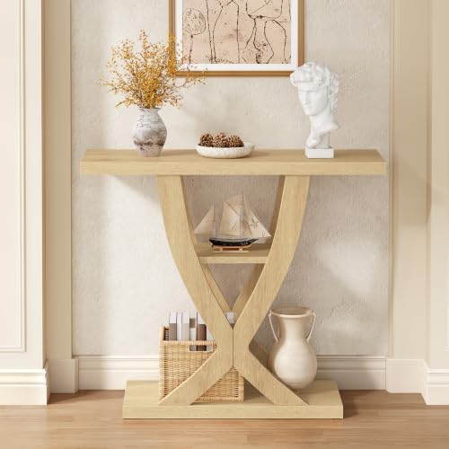 FAVOOSTY 39.4" Entryway Table, 3 Tier Hallway Table, Console Tables for Living Room, Narrow Entrance Table with Storage, Sofa Table Behind Counch, Accent Table for Entry Foyer, Natural Brown