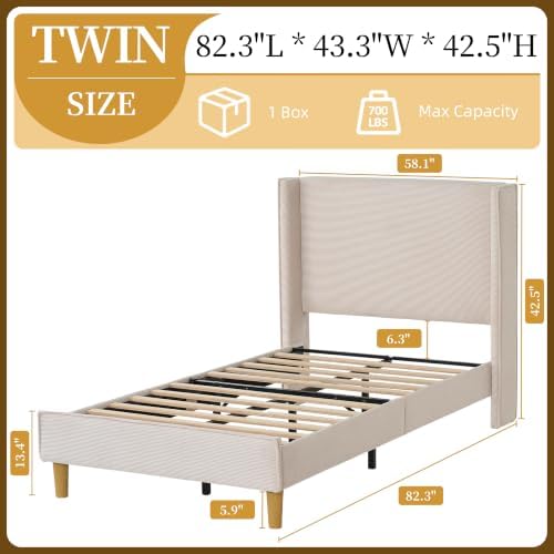 Twin Corduroy Upholstered Platform Bed with Headboard Wingback, Beige