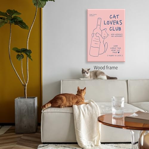 Cute Cat Alcohol Bottle Wall Art Funky Pink and Blue Aesthetic Poster 08x10 inch Framed Cat Lovers Club Canvas Prints Bar Cart Wall Decor for Home Bar Kitchen Bedroom