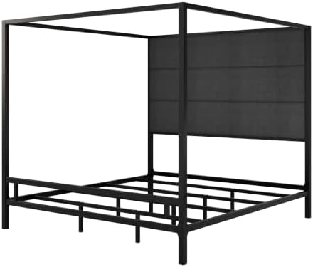 LUMISOL Canopy Bed Frame King Size Tall Upholstered Headboard, Black Grey