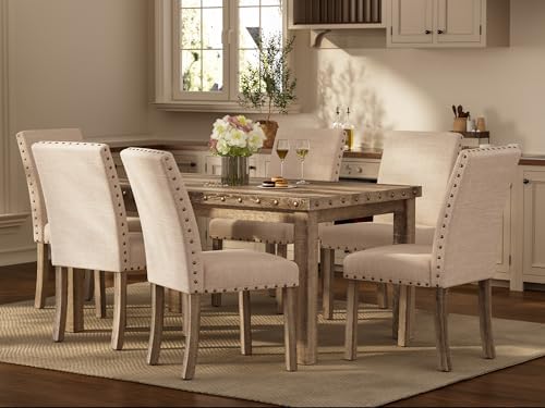 Modern Fort 7-Piece Farmhouse Dining Table Set for 6, 60" Rectangular Wood Dining Table with 6 Upholstered Chairs, Nailhead Trim, Kitchen Table with Chairs Set for Dining Room & Breakfast Nook